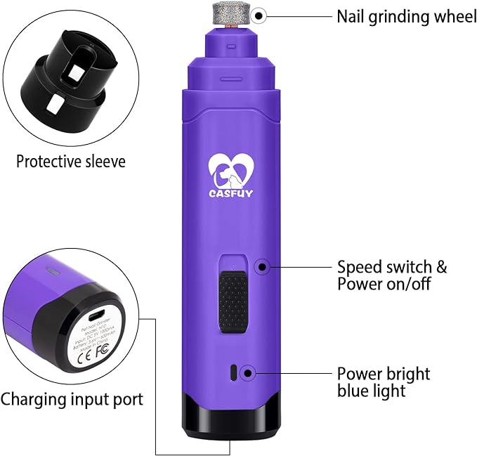 Casfuy Dog Nail Grinder Upgraded - Professional 2-Speed Electric Rechargeable Pet Nail Trimmer Painless Paws Grooming & Smoothing for Small Medium Large Dogs & Cats (Purple)-PawvioPets