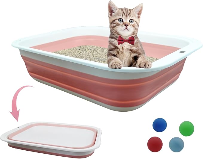 Foldable Cat Litter Box Open Potty Pan Portable Collapsible Cats Litter Boxs Travel Kitten Pan with Scoop Waterproof Low Entrance for Kitten and Easy Clean 17.7"×13.4"x4.9"(Pink)-PawvioPets