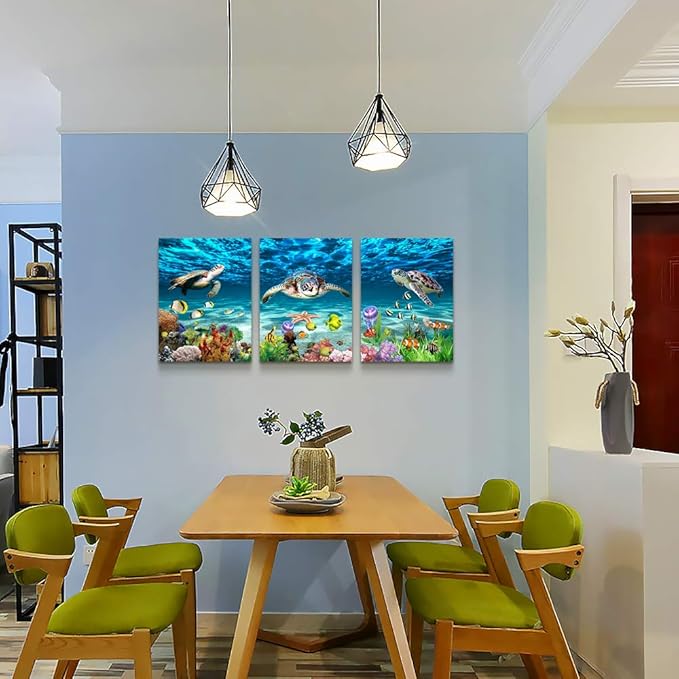 Canvas Wall Art for Living Room Large Size Wall decor for Bedroom Bathroom Wall Decoration blue Ocean Sea Turtle Paintings Modern shark Pictures Artwork office Decor Ready to Hang 16" x 24" 3 Piece-PawvioPets
