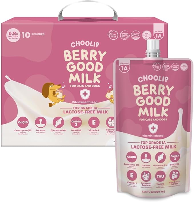Berry Good Milk is a Lactose-Free, Vitamin-Infused Drink for Cats and Dogs. It Supports Urinary Health, Digestion, and Joint Function. Free from antibiotics, Grains, and Gluten.-PawvioPets