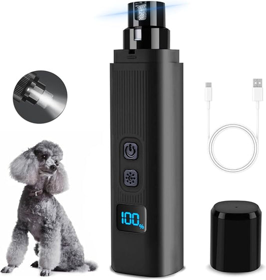 Dog Nail Grinder - 2 Speed Super Quiet and Low Vibration Electric Pet Nail Grinder - Rechargeable Dog Nail Trimmers for Small Dogs- Cat Nail Claw Clippers with 2 Level LED Lighting（Black）-PawvioPets