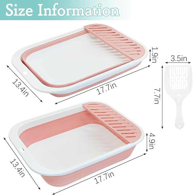Fhiny Cat Litter Box Portable Shallow Litter Box 17.7"x13.4"x4.9" Foldable Cat Toilet with Scoop Open Kitty Potty Pan with Litter Drop Pedal Easy to Clean Travel Kitten Toilet(Pink)-PawvioPets