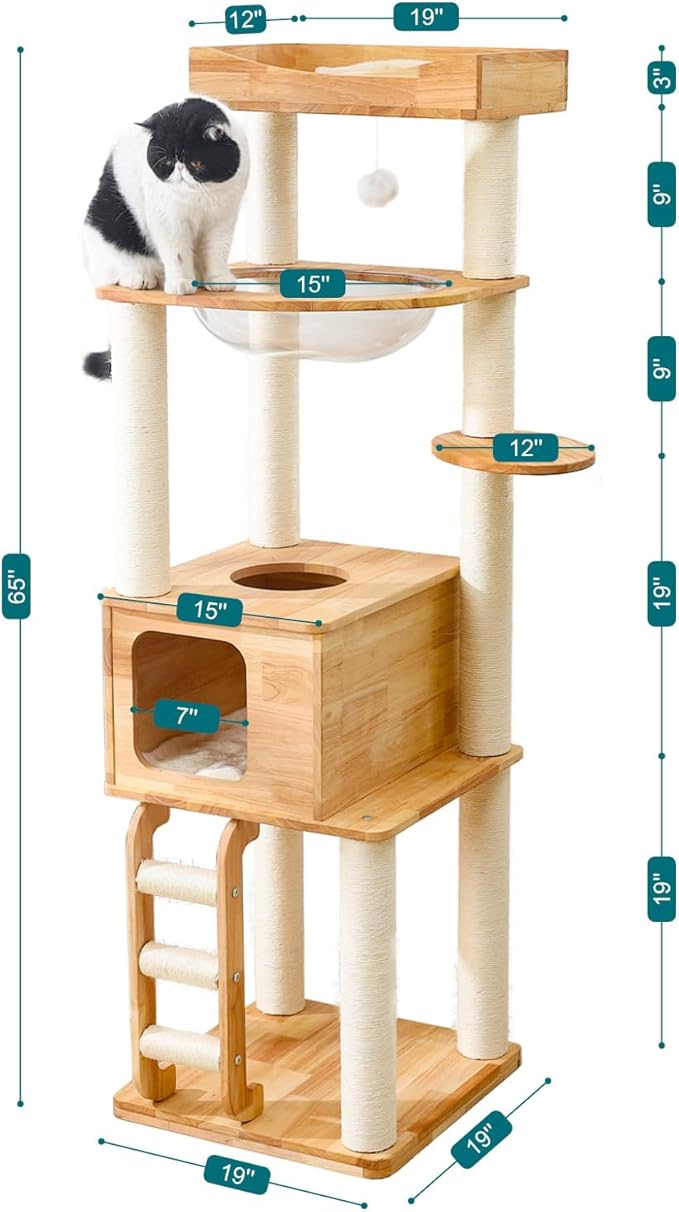65-inch Tall Cat Tree，Cat Tower for Indoor Cats with Feel-Safe Enclosed Cat Cave、Scratching Post、Space Capsule Nest and Cat Ladder-PawvioPets