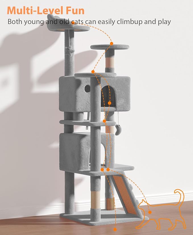 60'' Cat tree Tower for Indoor Cats Large Adult,Cute/Tall Modern Cat Tree for Big Cats 20 lbs,Plush Multi-Level Cat Condo with Scratching Posts,Dangling Ball for fun play(Light Gray, 60 inch)-PawvioPets