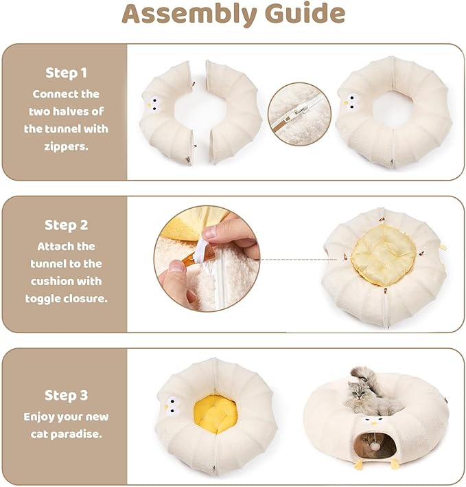 EHEYCIGA Cat Tunnel Bed for Indoor Cats, Cute Cat Donut Toy Tunnel for Small Large Cats with Washable Circle Cushion, Peekaboo Pet Cave Play Tunnel for Kitten, Puppy, Rabbit-PawvioPets