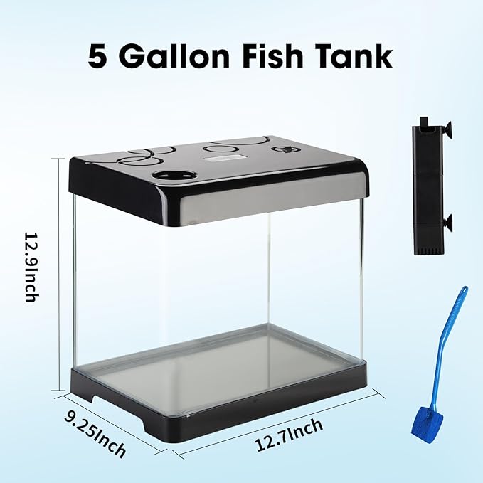 Betta Fish Tank Starter Kits, 5 Gallon Fish Tank with Heater Filter and Light, Self-Cleaning Small Fish Tank(Black).-PawvioPets