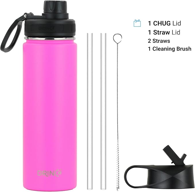 DRINCO Stainless Steel Water Bottle Spout Lid Vacuum Insulated Double Wall Water Bottle Wide Mouth (40oz 32oz 22oz 18oz 14oz) Leak Proof Keep Cold Sport Camping Hiking (22 oz, 22oz Island Pink)-PawvioPets