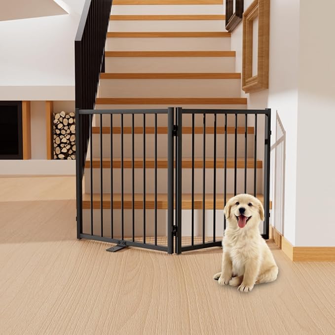Full Metal Freestanding Dog Gate with Door, 24'' Height Foldable Pet Dog Fence for Indoor & Outdoor, 2 Panels Extra Wide Free Standing SmallDog Gates for Doorways,House,Stairs,Porch,Deck,Yard-PawvioPets