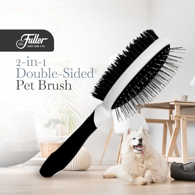 Fuller Brush 2-in-1 Double-Sided Pet Brush - Electroplated Round-Ended Steel Pins Positioned Into a Flexible Cushion on One Side & Nylon Bristles - Remove Shedding - Tool For Grooming Dogs & Cats-PawvioPets