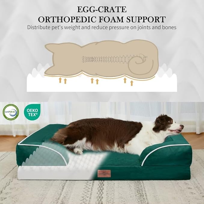 Comfort Expression Orthopedic Large Dog Beds, Waterproof Dog Beds for Large Dogs, Comfy Washable Pet Bed Sofa with Removable Cover & Non-Slip Bottom(Emerald)-PawvioPets