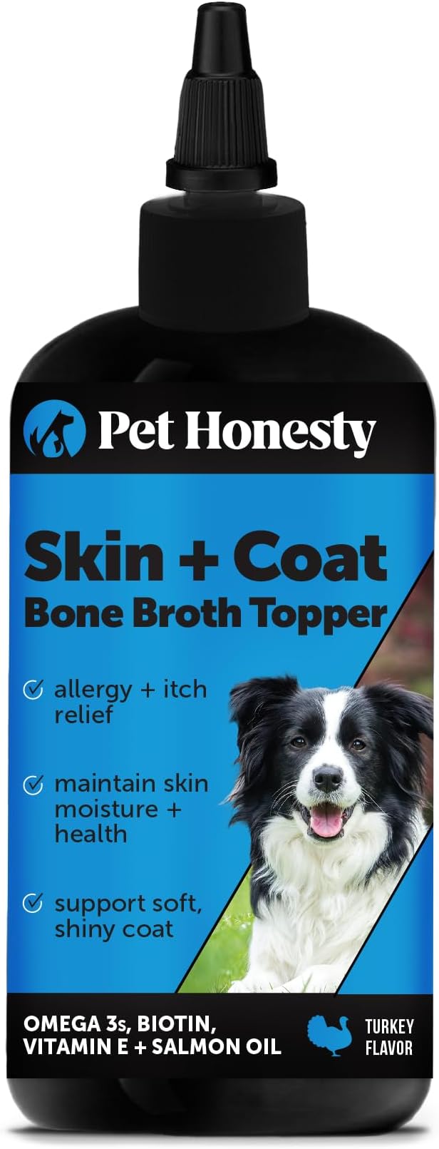 Dog Skin and Coat Supplement with Salmon Oil for Dogs - Allergy Itch Relief + Skin & Coat Health, Dog Food Topper Bone Broth with Salmon Oil, Collagen, Biotin + Vitamin E (12 oz)-PawvioPets