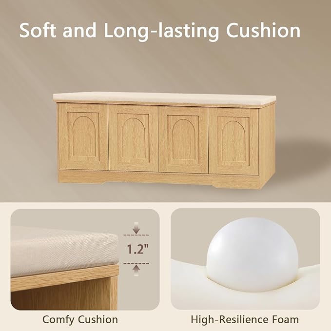 DINZI LVJ Shoe Bench, Entryway Storage Bench with Doors, Cushion, 2-Tier Shoe Rack with 8-Cubby, 47.2”L x 13.8”W Shoe Organizer Cabinet, Adjustable Shelf, Living Room, Bedroom Natural-PawvioPets