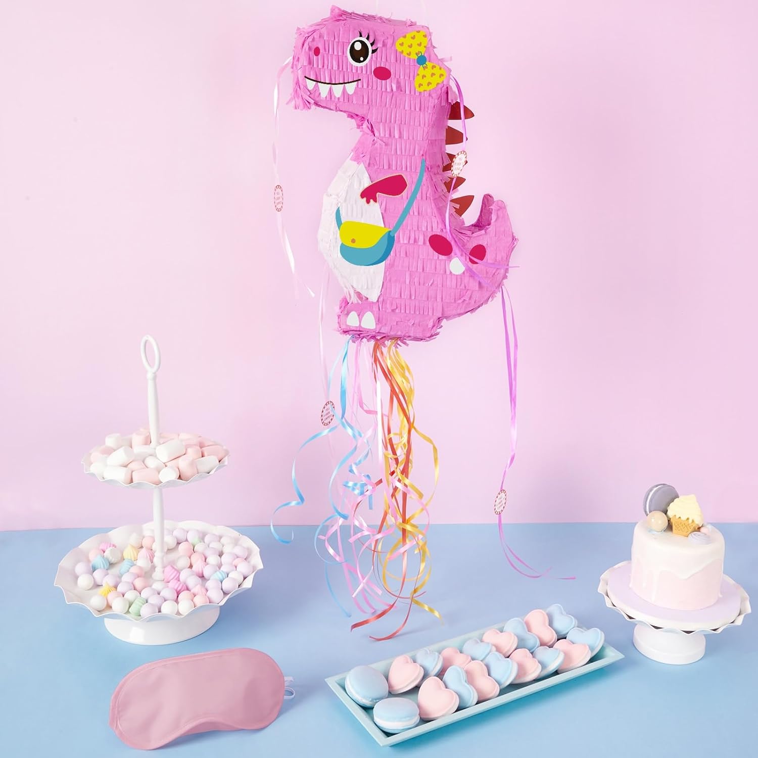 WERNNSAI Foldable Dinosaur Piñata - Pull String Dinosaur Birthday Party Supplies Extendable Piñata with Blindfold Bat and Tassels Dinosaur Birthday Decoration Pink Dinosaur Piñatas for Classroom Game