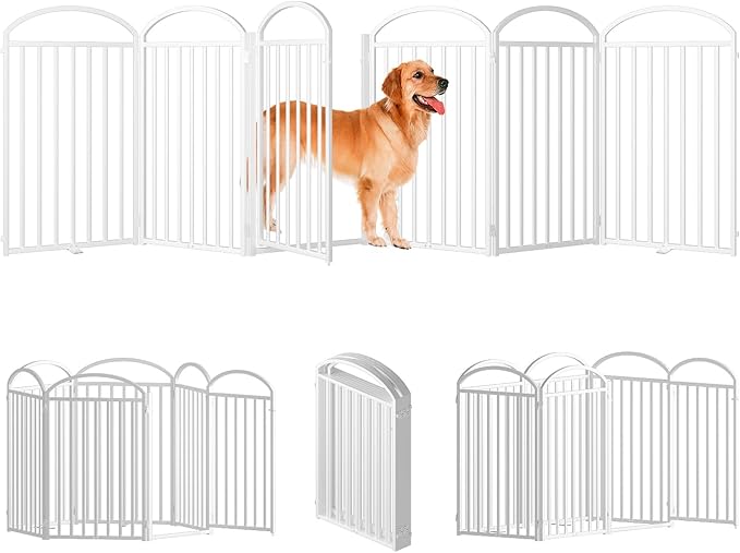 6 Panles Full Matel Freestanding Dog Gates with Door, 144"Extra Wide 36"Tall Free Standing Dog Pet Gate for Indoor & Outdoor. Foldable Pet Fences for Doorways, House, Stairs, Porch, Deck, Yard-PawvioPets