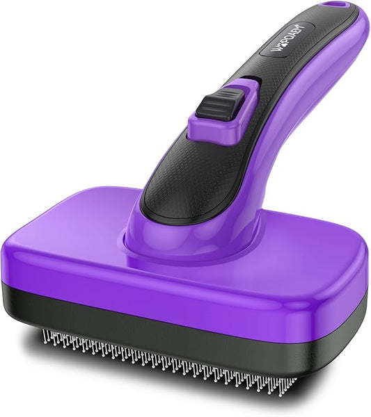 Dogs Cats Self Cleaning Slicker Brush for Shedding & Grooming Any Breed of Pets, Removes Loose, Undercoat, Mats, Tangled Hair for Small Medium Large Animal With Long Short Fur Length, Purple-PawvioPets