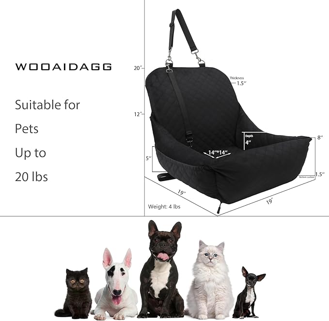 Dog Car Seat for Small Dogs Up to 25 lbs,Covered Ultra-Soft Fabric and Fill in Memory Foam,Fully Detachable and Washable,2 Clip-On Safety Leashes and Storage Pockets(Black)-PawvioPets