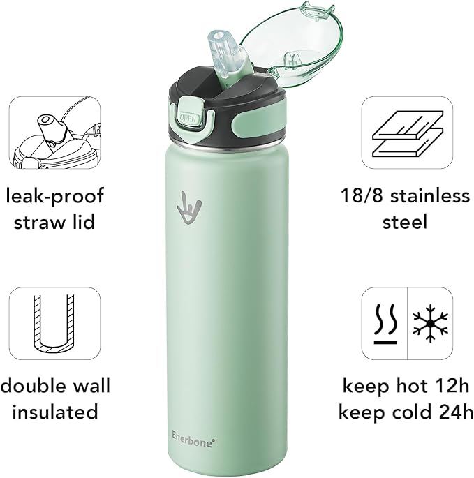 Enerbone 24 oz Insulated Water Bottle, Stainless Steel Bottle with Carrying Strap, Double-Wall Vacuum Insulation Design, Leakproof Sports Bottle with Straw, Keep Drinks Cold or Hot for Hours-PawvioPets