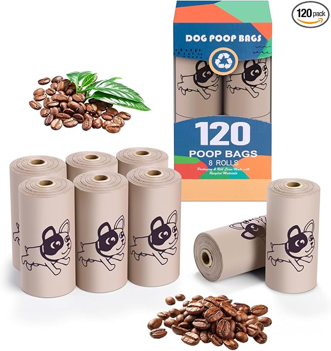 Coffee Dog Poo Bags Coffee scent - 120 Large Biodegradable Poop Bags, Extra Thicken Strong Corn Starch Blended Compostable Leak Proof Poop Waste Bag for Dogs-PawvioPets