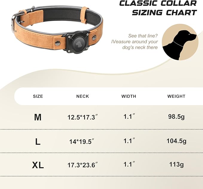 AirTag Dog Collar - Leather Dog Collar with Air Tag Holder | IPX8 Waterproof, Reflective, High - End, Adjustable Soft Padded | Dog GPS Tracker Collars Fit for Medium Large Dogs (Light Brown, L)-PawvioPets