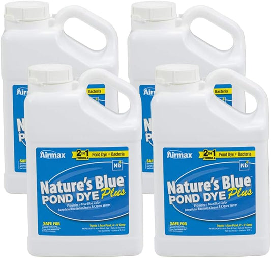 Airmax Pond Dye Plus, Nature's Blue Colorant & Natural Beneficial Bacteria, Large Pond & Lake Water Clarifier & Color Treatment, Shade Plants & Algae from Sunlight, Fish & Livestock Safe, 4 Gallons-PawvioPets
