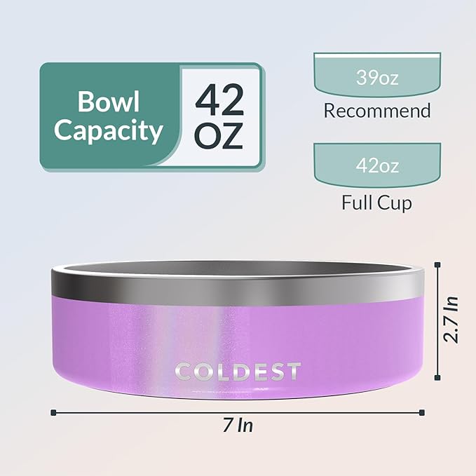 Coldest Dog Bowl - Anti Rust Metal, Non Slip, 3 Layers Insulated Stainless Steel Dog Bowls - Spill Proof & Heavy Duty - Water Bowl for Dogs, Cats, Dish Washer Safe (42 oz, Saturns Purple Glitter)-PawvioPets