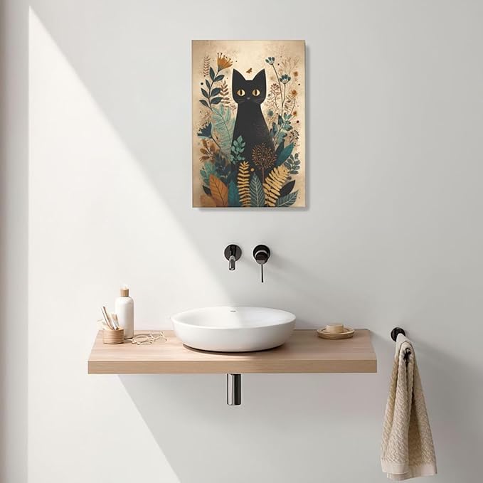 Boho Black Cat Wall Art Kitten Botanical Wall Decor Mid Century Modern Canvas Painting Print Minimalist Pictures Artwork Framed Decorations Gifts for Cat Lover Bathroom Nursery Living Room Bedroom Kitchen 16"x24"-PawvioPets