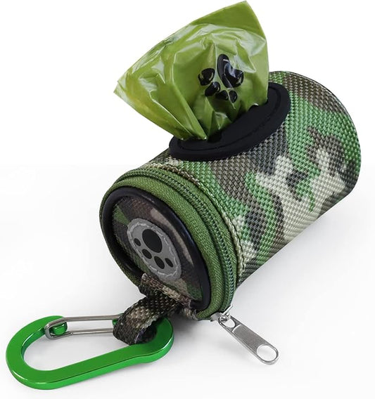 Dog Poop Bag Holder for Leash Doggie Waste Bag Dispenser Puppy Potty Carrier Small Doggy Zipper Pouch with Carabiner Clip 1680D Nylon Oxford with 1 Roll of Pet Trash Bags, Woodland Camo-PawvioPets