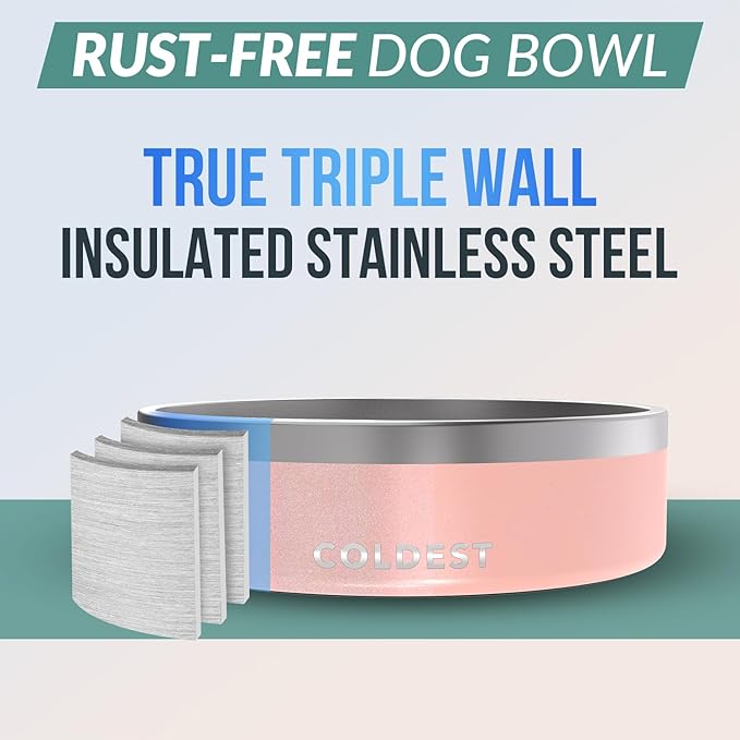 Coldest Dog Bowl - Anti Rust Metal, Non Slip, 3 Layers Insulated Stainless Steel Dog Bowls - Spill Proof & Heavy Duty - Water Bowl for Dogs, Cats & Pets, Dish Washer Safe (42 oz, Forever Pink Glitter)-PawvioPets