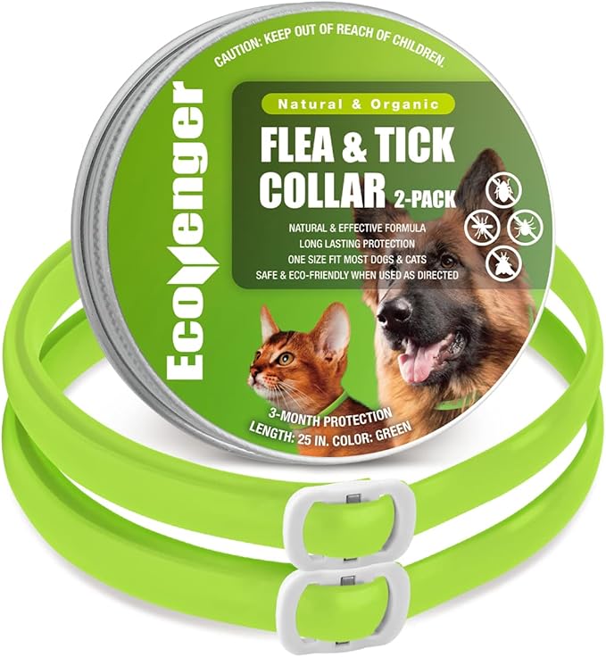 EcoVenger Flea & Tick Collar Repellent 2-Pack Green, Fits Both Dogs & Cats, Built-in Pant-Based Formula Strong Repellency Slow Release, Lasting Deterrence and Protection, Pleasant Aroma, Waterproof-PawvioPets