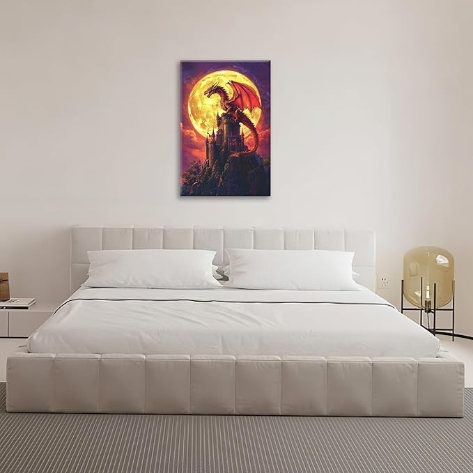 Dragon Bathroom Pictures Wall Art, Red Dragon Castle Bathroom Wall Decor, Framed Painting Canvas Artwork for Bedroom Living Room Decorations 24"L x 16"W-PawvioPets