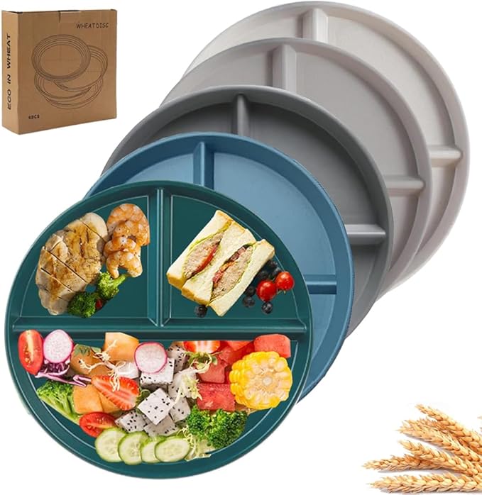 9" Unbreakable Divided Plates Set of 5, Wheat Straw Plate Reusable Dinnerware Portion Control Plate, Round Bariatric Plastic Plate for Kids Adults, BPA-free, Dishwasher Safe-PawvioPets