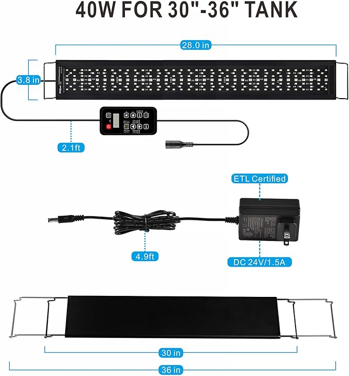 Advanced 7-Row LED Aquarium Light, Easy Setup Controller, Auto On Off Full Spectrum Fish Tank Light, 24/7 Lighting Cycle, 8 Colors, 10 Level Dimming, 40W for 30"-36" Freshwater Planted Tank-PawvioPets