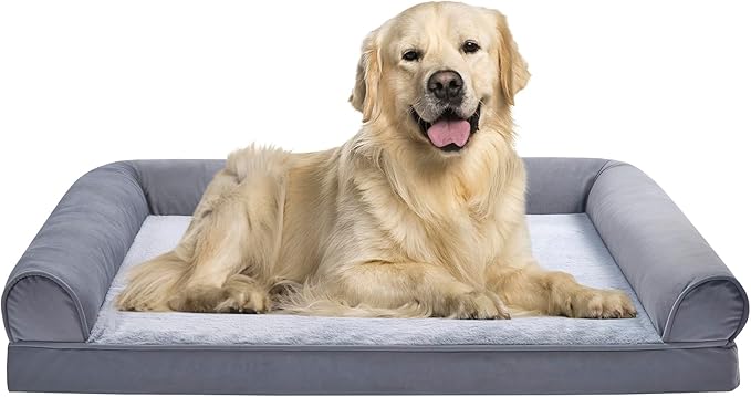 Amazon Basics Living Room Couch Dog Bed with Premium Foam, Pressure-Relief Support for Dogs up to 90lbs, Machine Washable Cover, Extra Large Sized (44" x 35"), Grey-PawvioPets
