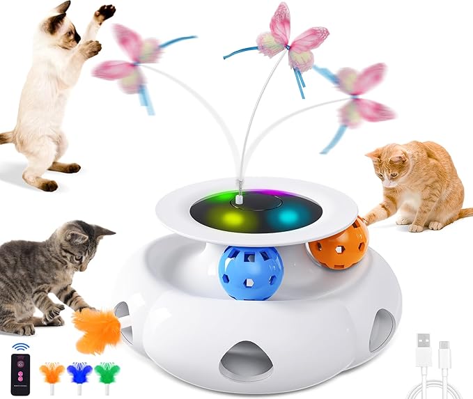 3in1 Interactive Cat Toys Moving Ambush Feather, Spinning Butterfly, Track Balls, Rechargeable Automatic Activated Kitten Toys for Indoor Cats, Cat Feather Toy for All Breeds-PawvioPets