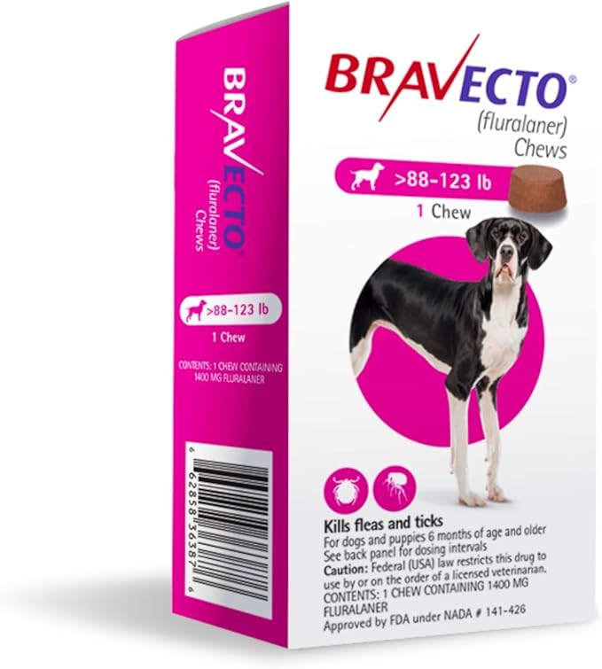 BRAVECTO Chew for Dogs, Flea & Tick, 1 Chew, 12 Week Supply, 88-123 lbs., Pink Box-PawvioPets