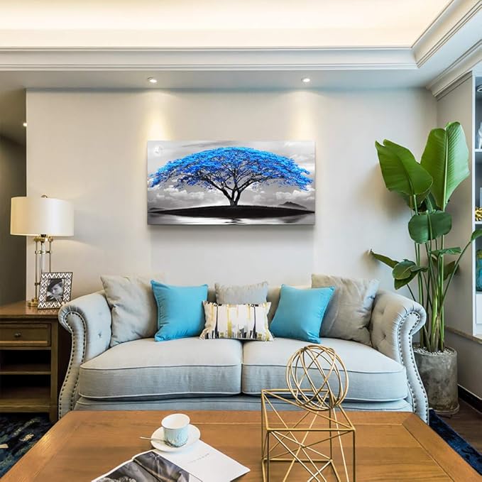 canvas wall art for living room bathroom Wall Decor Black and white landscape Blue tree moon painting to Hang Home Decorations for office bedroom kitchen Works canvas Prints pictures 20" x 40"inch-PawvioPets