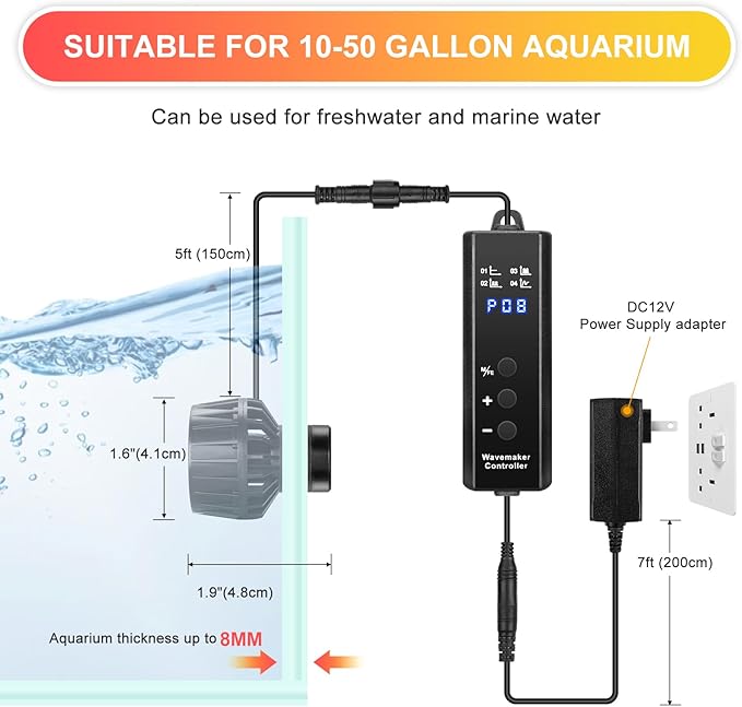 1050GPH Aquarium Wave Maker with Controller Mini DC12V 6W Powerhead with Magnetic Mounting, Nano Wavemaker for 10 to 50 Gallon thickness up to 8mm(1/4") Tank,-PawvioPets