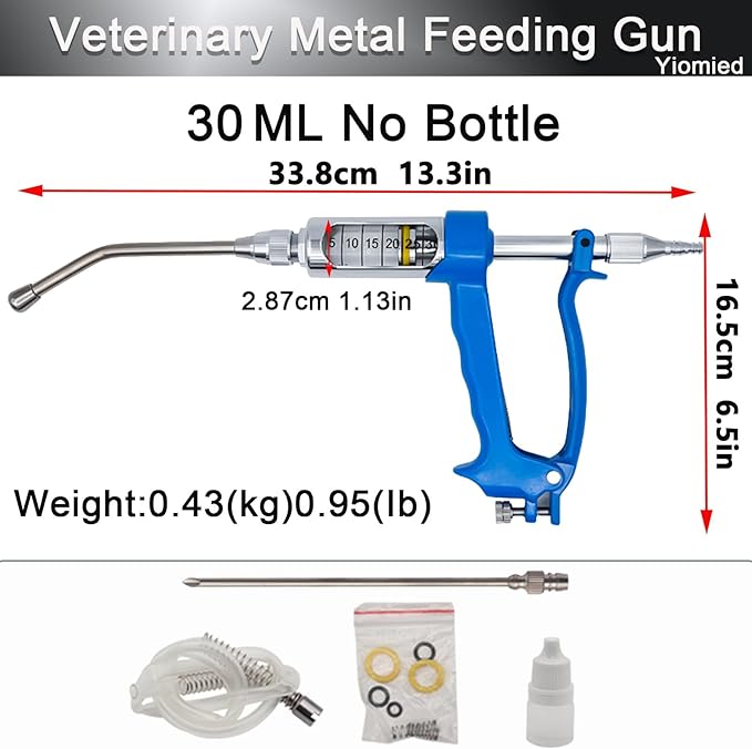 30ML Veterinary Metal Feeding Gun, Continuous Drench Gun Dosing Device Veterinary Adjustable Medicine Dispenser Husbandry Autonomous Feeding Tool, for Pig Cow, Sheep, Horse (Blue, 30ML No Bottle)-PawvioPets