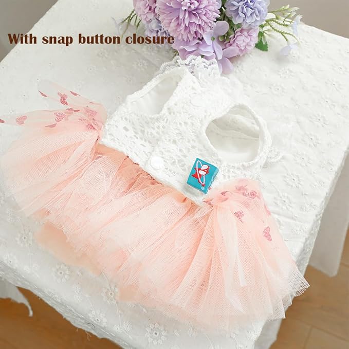 Dog Princess Dress with Heart Patterns & Bow Puppy Clothes for Small Dogs Girl Fancy Cat Birthday Outfit Pet Wedding Dresses (Pink White, Small)-PawvioPets