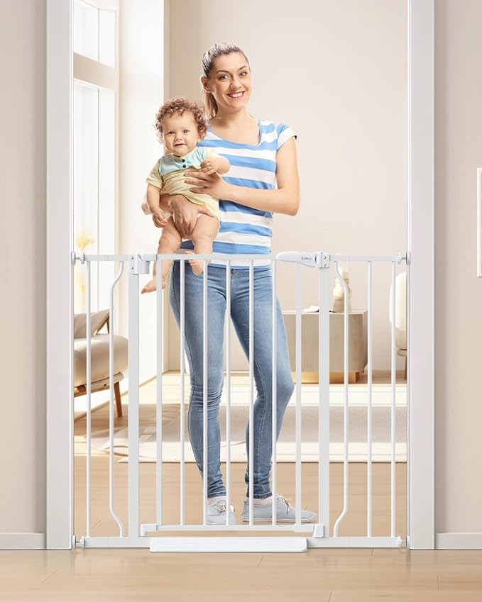 34" Extra Tall Baby Gate for Stairs, Auto Close Stroller Friendly Dog Gate Indoor for Doorways, Pressure Mounted 29"-40" W Baby Gate, Easy Walk Through Gate for Children & Pets, White-PawvioPets