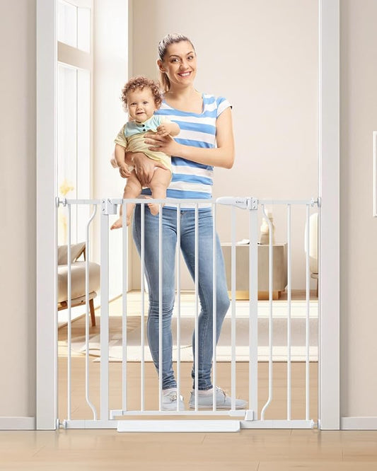 34" Extra Tall Baby Gate for Stairs, Auto Close Stroller Friendly Dog Gate Indoor for Doorways, Pressure Mounted 29"-40" W Baby Gate, Easy Walk Through Gate for Children & Pets, White-PawvioPets