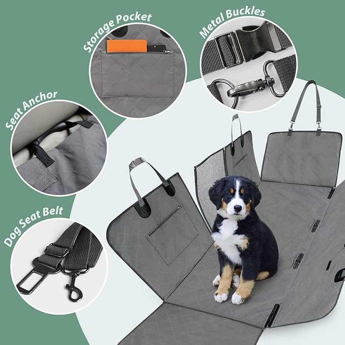 Dog Car Seat Cover for Back Seats 100% Waterproof with Metal Buckle Mesh Window Scratch Proof Heavy Duty Rear Backseat Protector Hammock for Pet, SUV Truck Vehicle Accessories, 54" x 58", Grey-PawvioPets