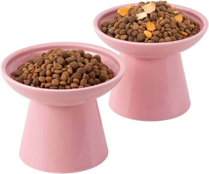 Extra Wide Elevated Ceramic Cat Bowl, 6.2" Shallow Dish for Whisker Fatigue Relief, 5" Height for Easy Feeding, Durable Raised Cat Food Bowls, Pack of 2, Pink-PawvioPets