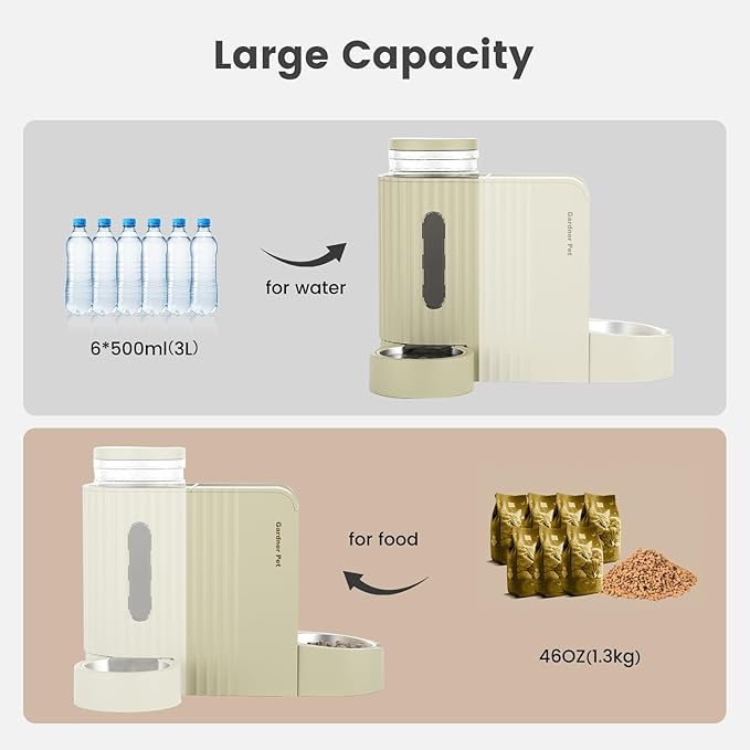 Gardner Pet Gravity Automatic 2-in-1 Pet Feeder, 0.8 Gallons*2 Cat Feeder and Water Dispenser Set, 100% BPA-Free Feeder and Stainless Steel Water Dispenser for Dogs, Cats, Rabbits, Puppies (Beige)-PawvioPets