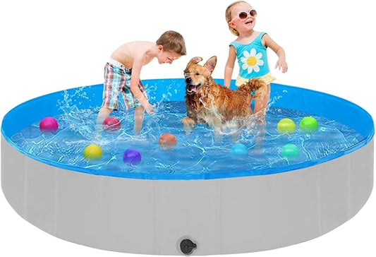 Foldable Dog Pool, 63" Kiddie Pool Hard Plastic, Portable Dog Swimming Pool for Large Dogs, Collapsible Pet Wading Pool & Bath Tub Outdoor Kids Pool Anti-Slip-PawvioPets