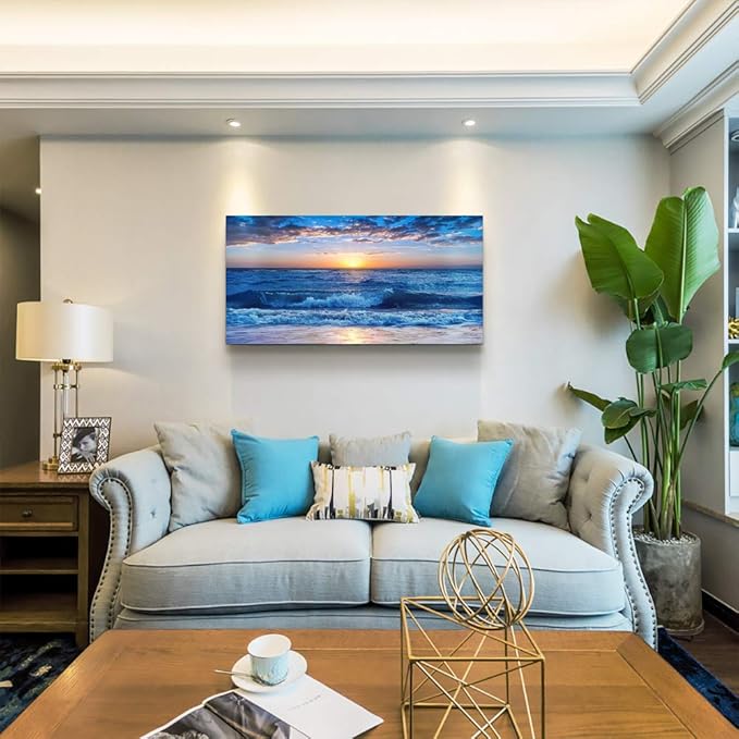 canvas wall art for living room Blue Ocean Sea sun landscape painting bathroom Wall Decor Ready to Hang for Home Decorations office family bedroom kitchen Works canvas Prints pictures 20" x 40"inch-PawvioPets