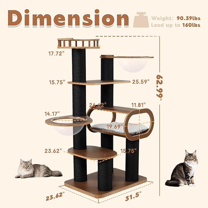 63'' Modern Cat Tree, Black Cat Tower with Scratching Post, Wooden Cat Tree for Indoor Cats Large Adult, Luxury Cat Furniture, Heavy Duty Activity Center with Transparent Bowl and Semi-Closed Condo-PawvioPets