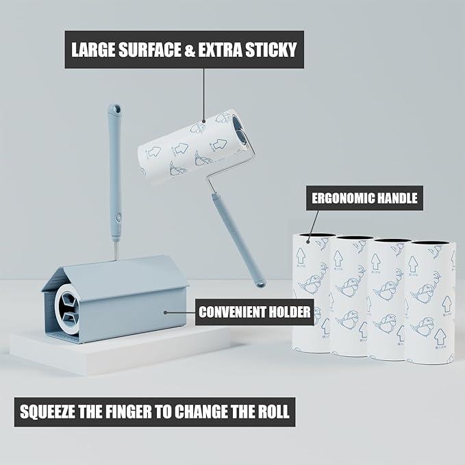 Extra Sticky Large Surface Lint Roller, 6.3'' Giant Lint Roller for Pet Hair, 360 Sheets/ 4 Refills, Long Handle Lint Remover for Clothes, Furniture (1 Roller + 360 Sheets)-PawvioPets