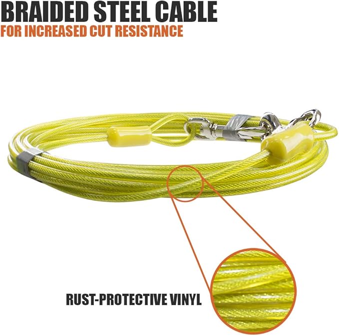 BV Dog Tie Out Cable 15 Feet - Heavy Duty Dog Lead Up to 35 Pounds - Reflective & Rust-Free with Quick Release Swivel Clips & 360° Rotating Clasp - Tangle-Free Dogs Runner for Yard (Yellow, Single)-PawvioPets