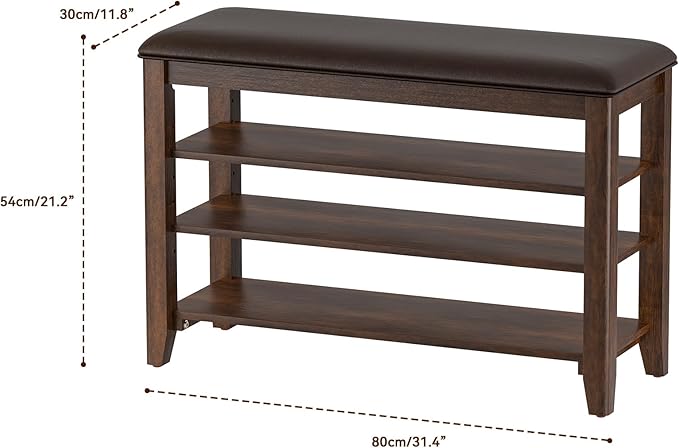 Entryway Shoe Storage Bench with Leather Cushion, Shoe Organizer Bench for Entryway, Ideal for Hallways Front Doors Entrances Mudrooms Featuring Rubberwood And 3 Height-Adjustable and Removable Shelve-PawvioPets